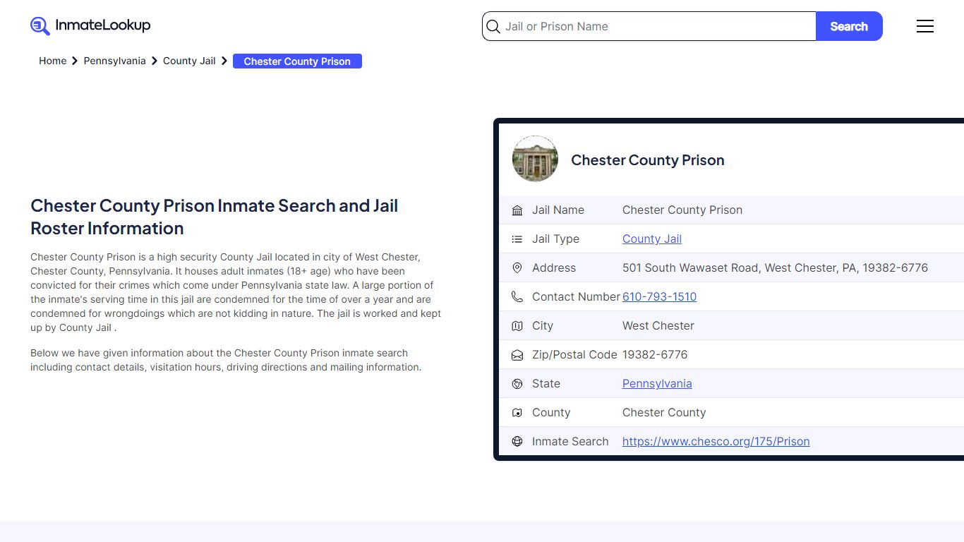 Chester County Prison Inmate Search and Jail Roster Information