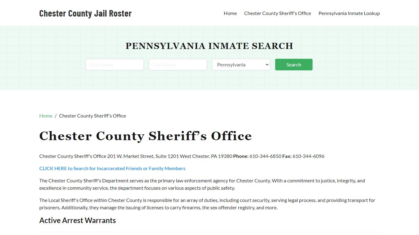 Chester County Sheriff Office, PA, Arrest Warrants Search