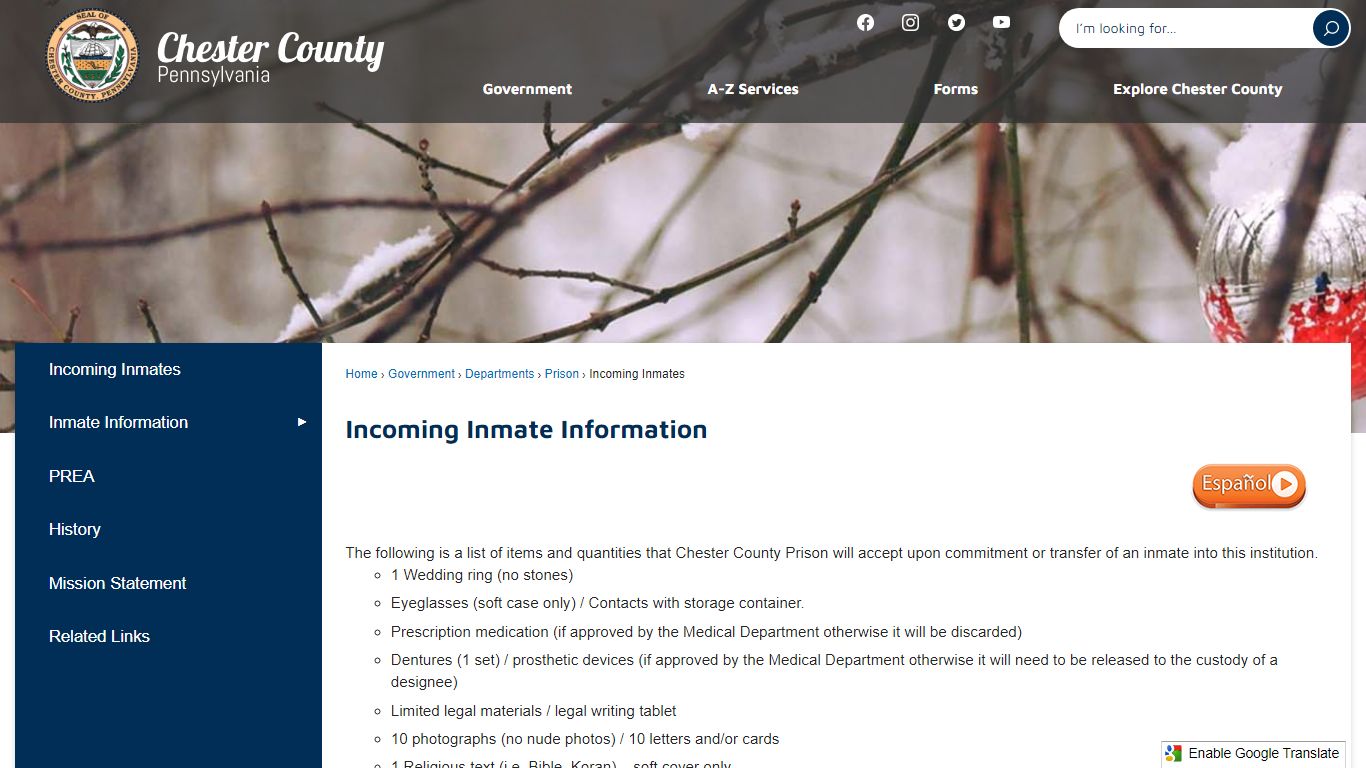 Incoming Inmate Information | Chester County, PA - Official Website
